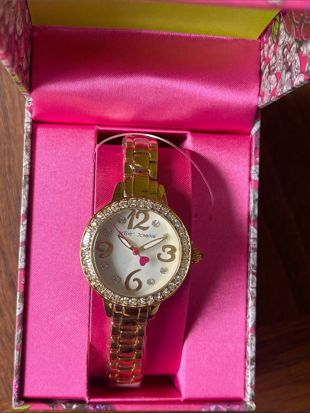 Betsey Johnson Gold Tone Crystal Bezel Women’s Bracelet Watch with Pink Accent - Picture 2 of 3